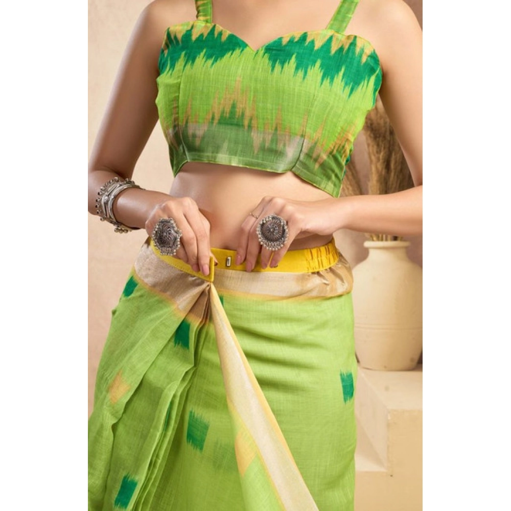 Women's Faux Linen Floral Print Ready to wear Saree With Unstitched Blouse 5.5Mtr (Green) Women's Faux Linen Floral Print Ready to wear Saree With Unstitched Blouse 5.5Mtr (Green)