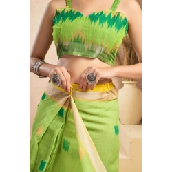 Women's Faux Linen Floral Print Ready to wear Saree With Unstitched Blouse 5.5Mtr (Green)