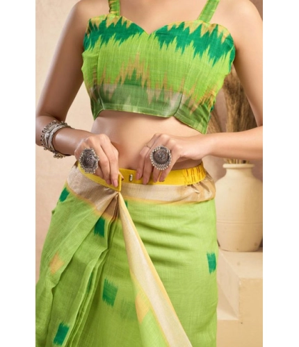 Women's Faux Linen Floral Print Ready to wear Saree With Unstitched Blouse 5.5Mtr (Green)