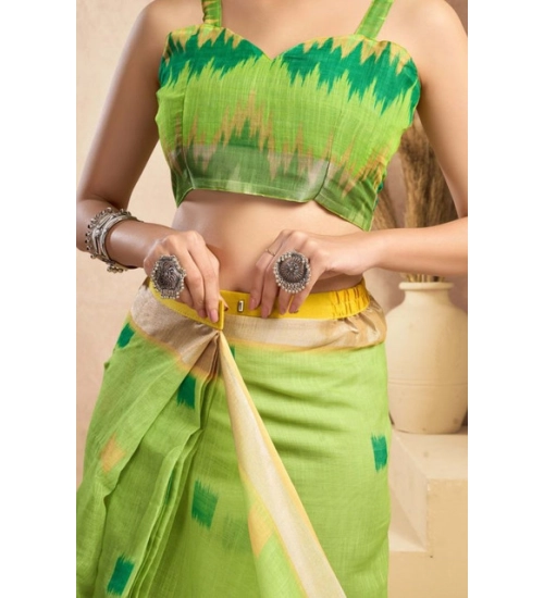 Women's Faux Linen Floral Print Ready to wear Saree With Unstitched Blouse 5.5Mtr (Green)