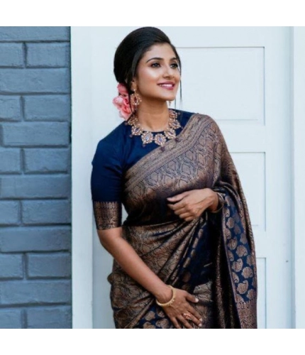 Women's Litchi silk Printed Saree With Unstitched Blouse (Blue)