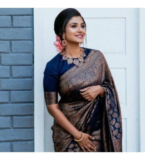 Women's Litchi silk Printed Saree With Unstitched Blouse (Blue)