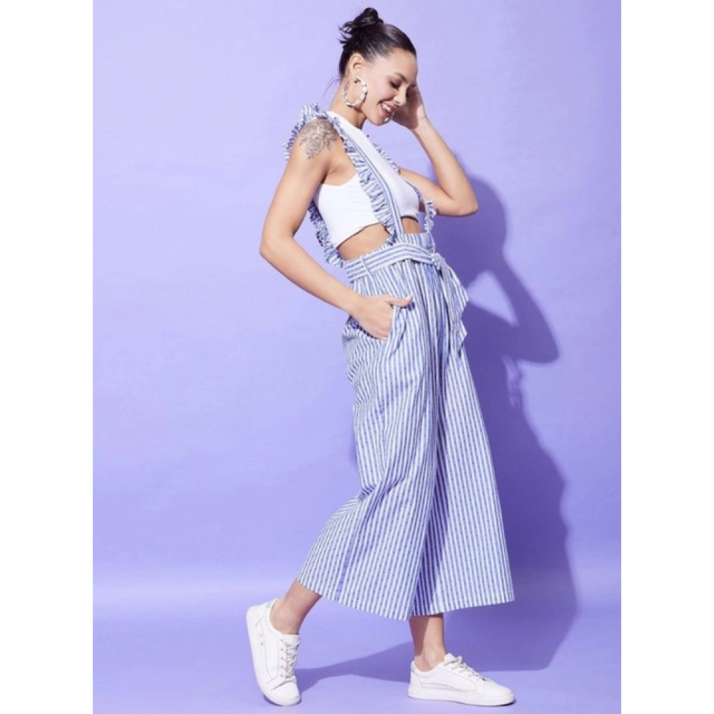 Women's Cotton Pinafore Shoulder Straps Jumpsuit (Light Blue)