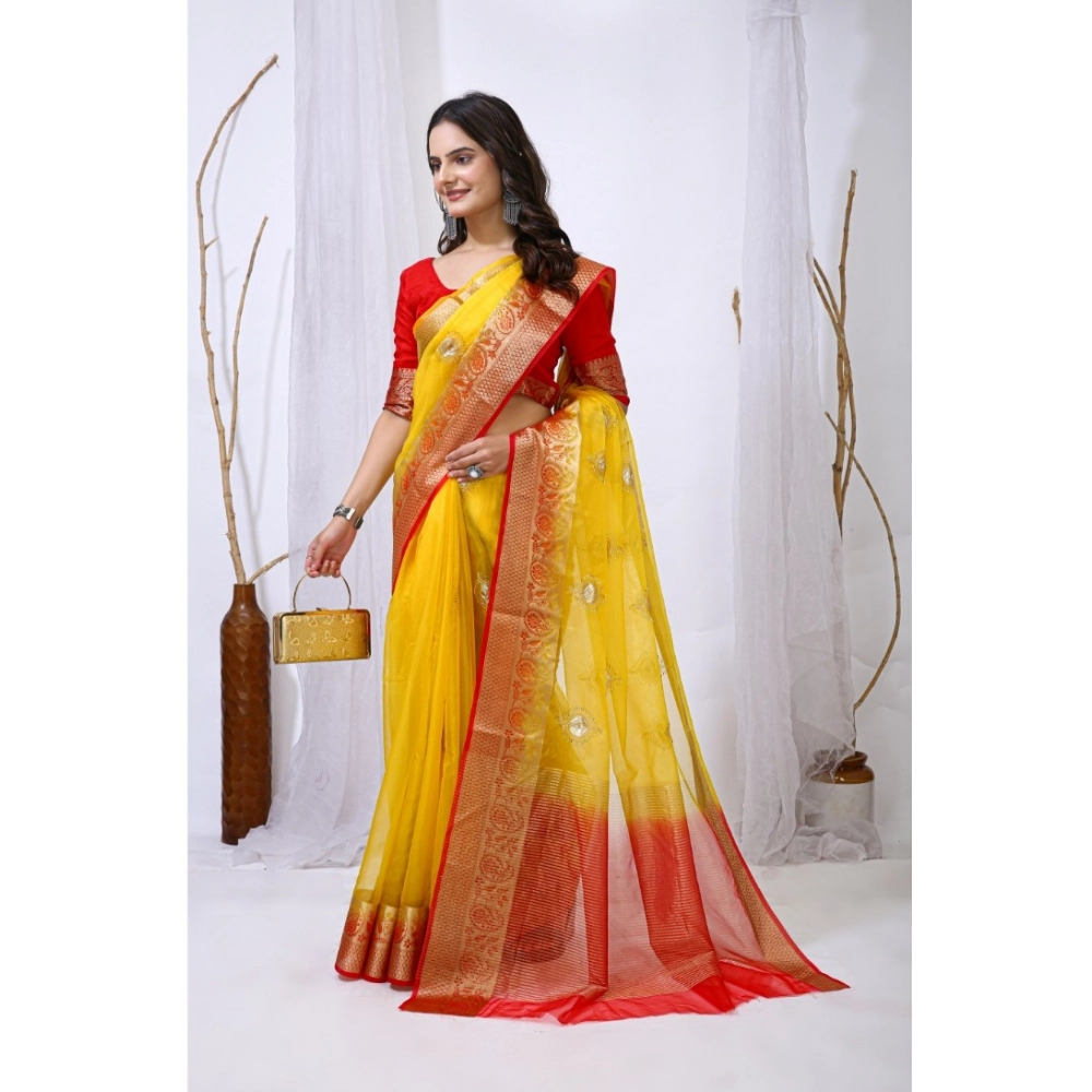 Women's Organza jacquard Embellished Saree With Unstitched Blouse 5.5Mtr (Yellow) Women's Organza jacquard Embellished Saree With Unstitched Blouse 5.5Mtr (Yellow)
