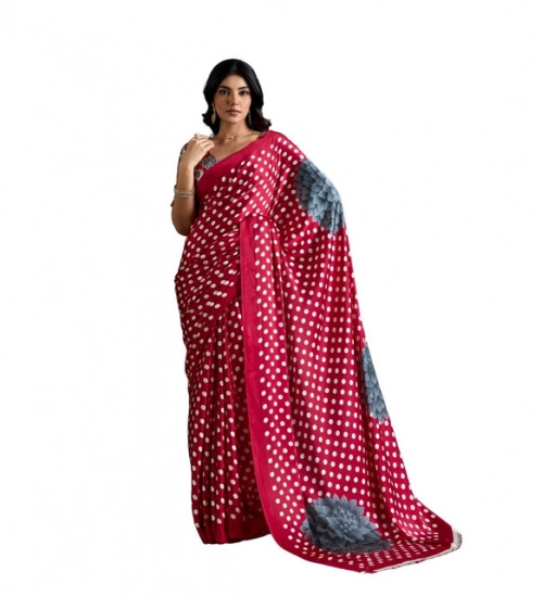 Women's Satin Crepe Printed Saree With Unstitched Blouse 5.5Mtr (Red)