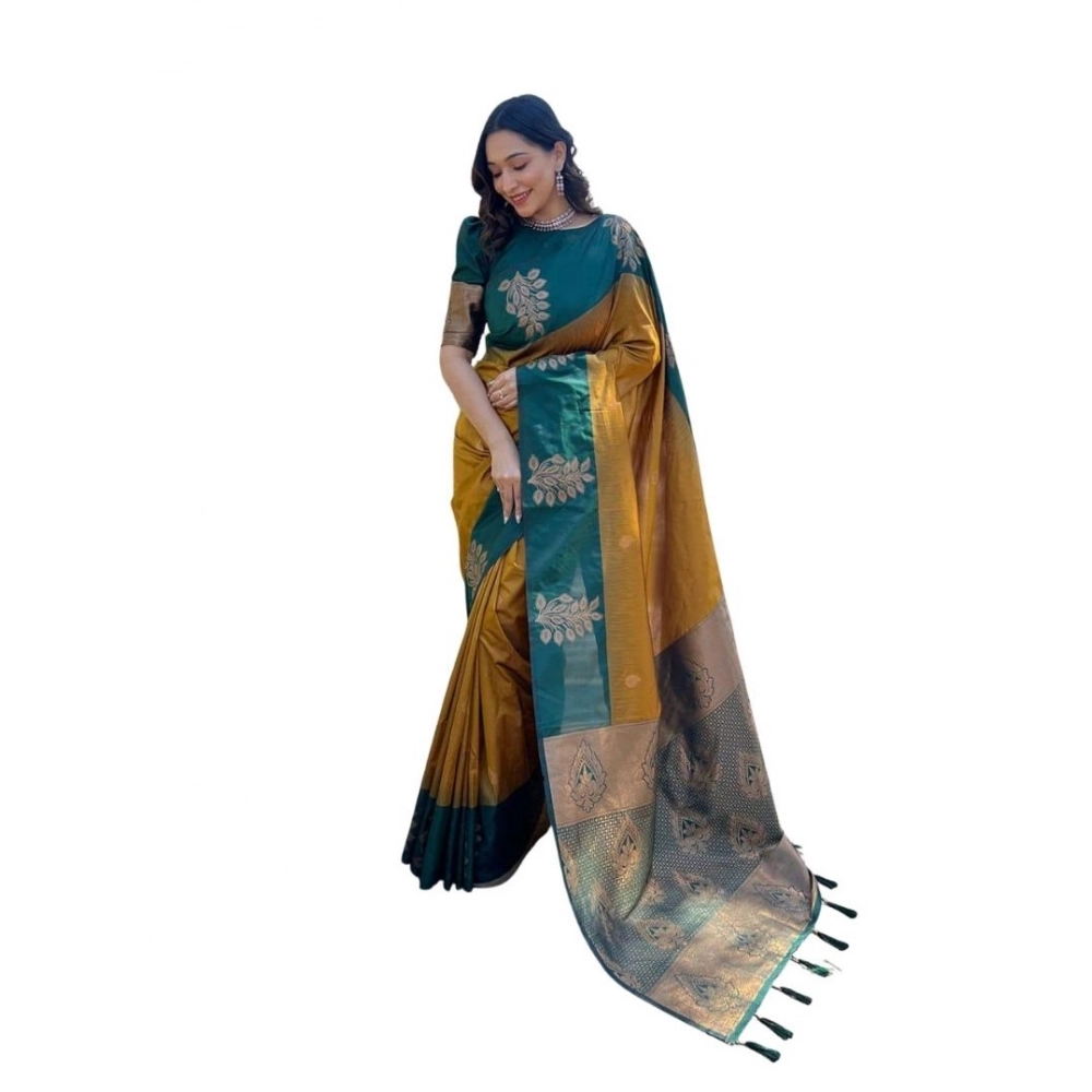 Women's Soft Lichi Silk Printed Saree With Unstitched Blouse 5.5Mtr (Mustard )