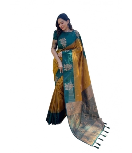 Women's Soft Lichi Silk Printed Saree With Unstitched Blouse 5.5Mtr (Mustard )