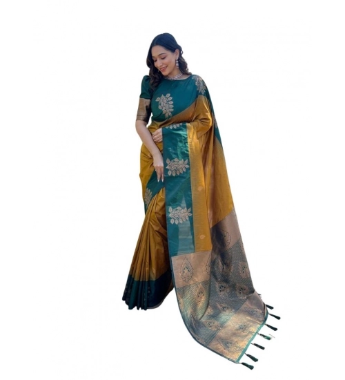 Women's Soft Lichi Silk Printed Saree With Unstitched Blouse 5.5Mtr (Mustard )