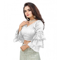 Women's Organza Solid V Neck Layered Ruffle Sleeve Readymade Blouse (White Free Size , up to 38–40 Bust)-PID65859