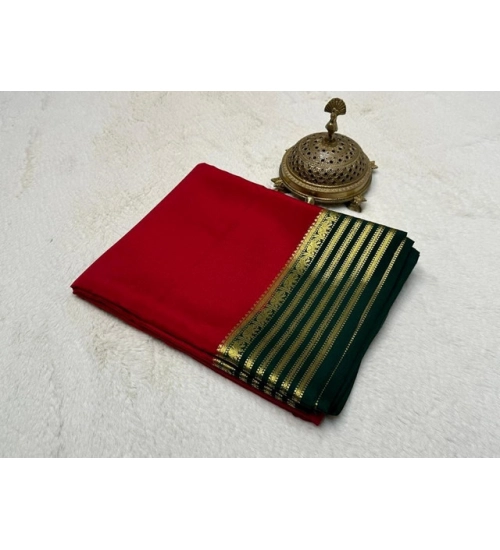 Women's Crepe Chit Pallu Solid Saree With Unstitched Blouse 5.5Mtr (Red)