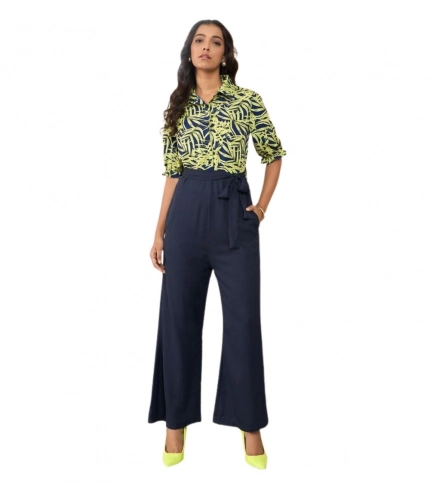 Women's Polyester Floral Half Sleeves Jumpsuit (Navy - Yellow)