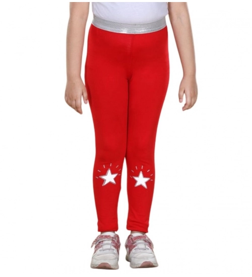 Girl's Cotton Lycra Star Print Elasticated Leggings (Red)
