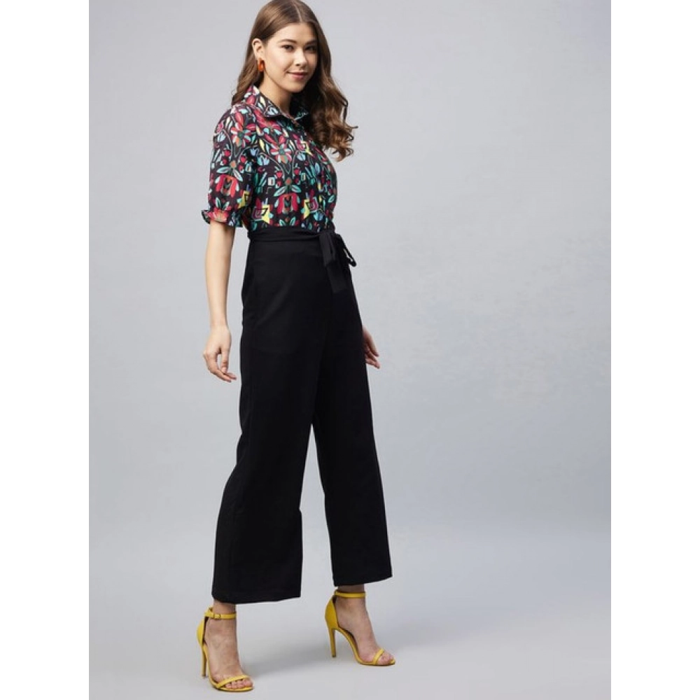 Women's Polyester Floral Short Sleeve Jumpsuit (Multicolor)