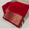 Women's Crepe Chit Pallu Solid Saree With Unstitched Blouse 5.5Mtr (Red) Women's Crepe Chit Pallu Solid Saree With Unstitched Blouse 5.5Mtr (Red)