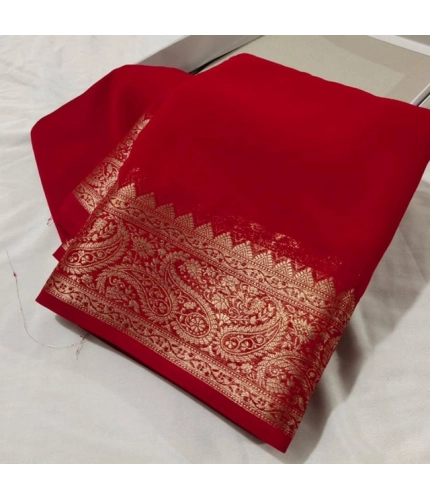 Women's Crepe Chit Pallu Solid Saree With Unstitched Blouse 5.5Mtr (Red)