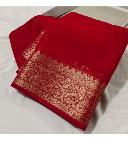 Women's Crepe Chit Pallu Solid Saree With Unstitched Blouse 5.5Mtr (Red)
