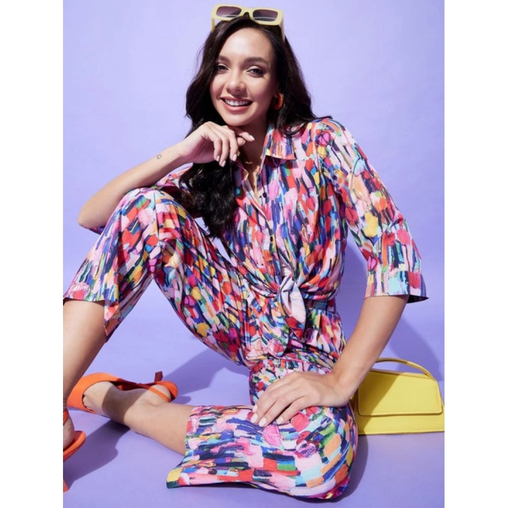 Women's Polyester Floral 3-4th Sleeve Co-Ord Set (Multicolor)