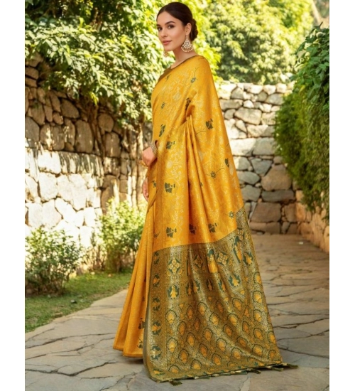 Women's Silk Blend Woven Paithani Saree With Unstitched Blouse 5.5Mtr (Mustard)