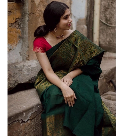 Women's Soft Lichi Silk Printed Saree With Unstitched Blouse 5.5Mtr (Green)