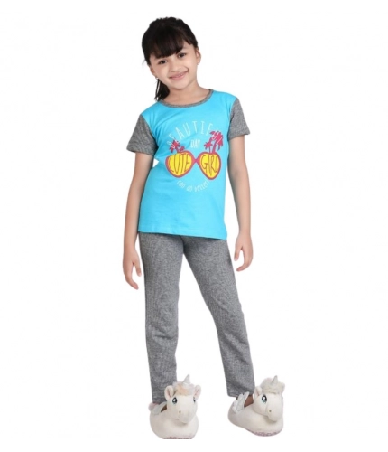 Girl's Cotton Hosiery Printed Night Suit Set (Blue-Grey)