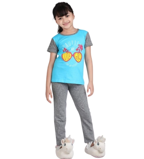 Girl's Cotton Hosiery Printed Night Suit Set (Blue-Grey)