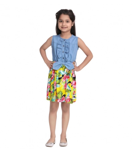 Girl's Denim Floral Sleeveless Dress (Blue-Yellow)