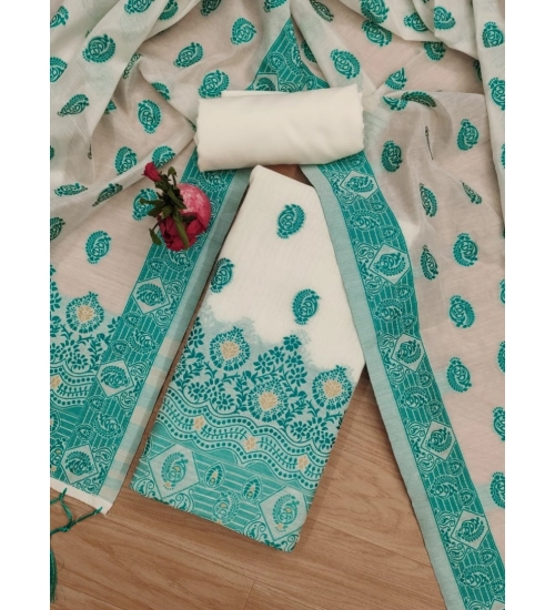 Women's Banarasi Silk Printed Unstitched Salwar Suit Material With Dupatta (Teal, 3Mtrs)