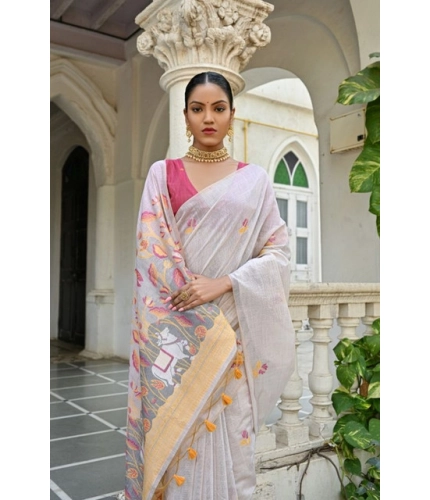 Women's Blended_Cotton Floral Weaving Pattern Saree With Unstitched Blouse 5.5Mtr (Yellow)