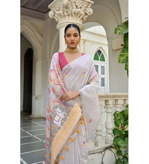 Women's Blended_Cotton Floral Weaving Pattern Saree With Unstitched Blouse 5.5Mtr (Yellow)