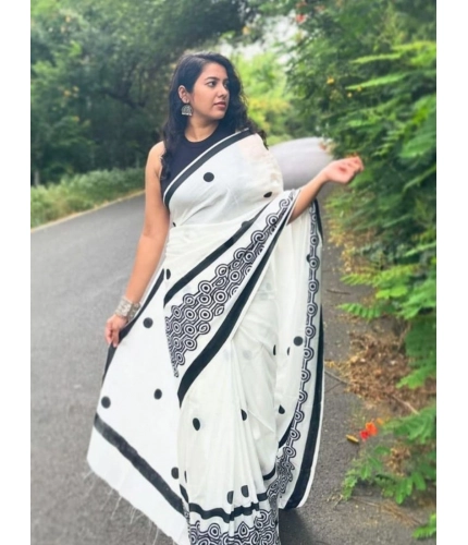 Women's Linen Printed Saree With Unstitched Blouse 5.5Mtr (White)