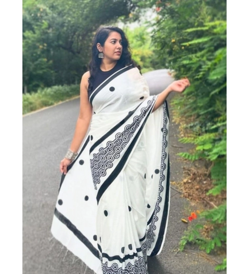 Women's Linen Printed Saree With Unstitched Blouse 5.5Mtr (White)