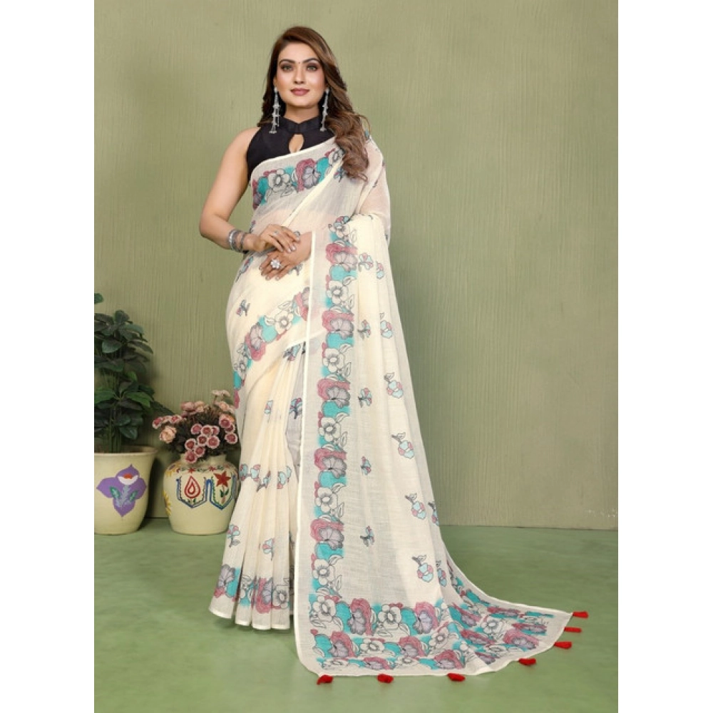Women's Linen Cotton Printed Saree With Unstitched Blouse 5.5Mtr (Off White) Women's Linen Cotton Printed Saree With Unstitched Blouse 5.5Mtr (Off White)