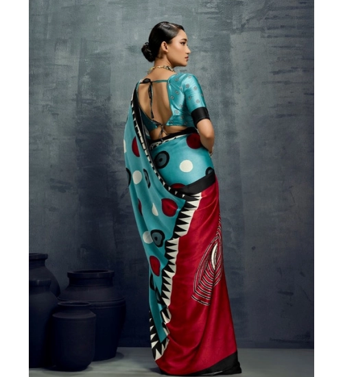 Women's Satin Crepe Printed Saree With Unstitched Blouse 5.5Mtr (Sky Blue)