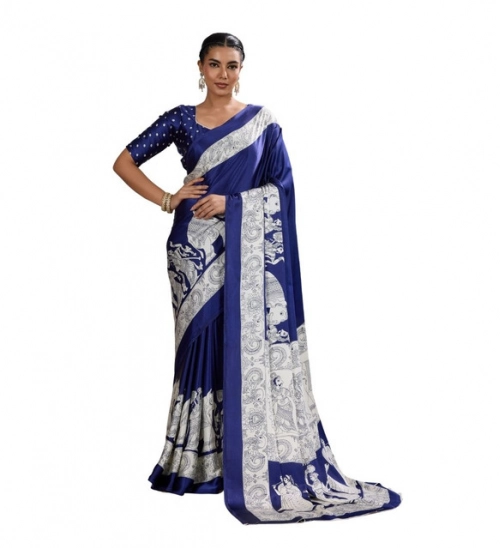 Women's Satin Crepe Printed Saree With Unstitched Blouse 5.5Mtr (Blue)