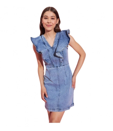 Women's Denim Solid Flutter Sleeve Dress (Blue)