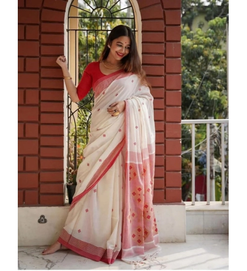 Women's Soft Lilan Printed Saree With Unstitched Blouse 5.5Mtr (White)