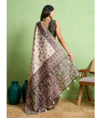Women's Silk Blend Printed Saree With Unstitched Blouse 5.5Mtr (Off White) Women's Silk Blend Printed Saree With Unstitched Blouse 5.5Mtr (Off White)