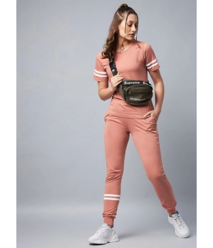 Women's Cotton Striped Short Sleeve Tracksuit (Pink)