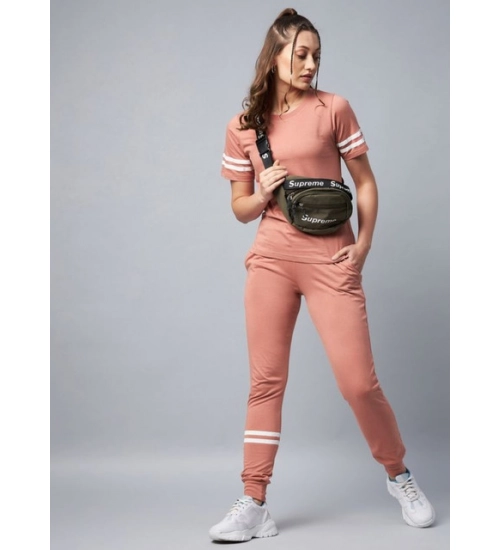 Women's Cotton Striped Short Sleeve Tracksuit (Pink) Women's Cotton Striped Short Sleeve Tracksuit (Pink)