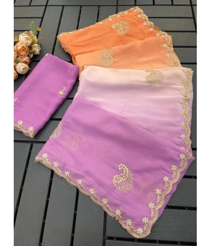 Women's Digital Printed  Geogette Saree With Unstitched Blouse (Wine, 5-6 Mtrs)