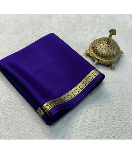 Women's Crepe Chit Pallu Solid Saree With Unstitched Blouse 5.5Mtr (Dark Purple)