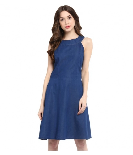 Women's Denim Solid Sleeveless Dress (Blue)