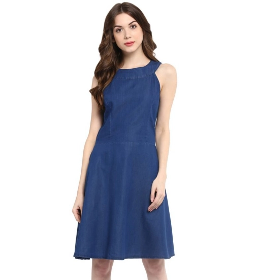 Women's Denim Solid Sleeveless Dress (Blue)