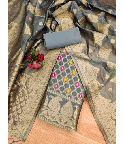 Women's Banarasi Silk Printed Unstitched Salwar Suit Material With Dupatta (Grey, 3Mtrs)