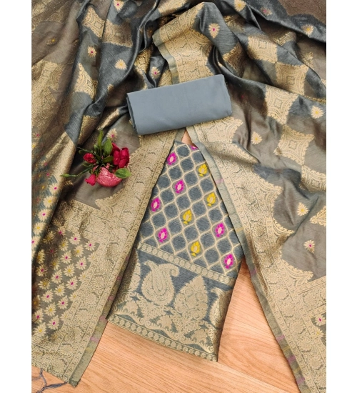 Women's Banarasi Silk Printed Unstitched Salwar Suit Material With Dupatta (Grey, 3Mtrs)