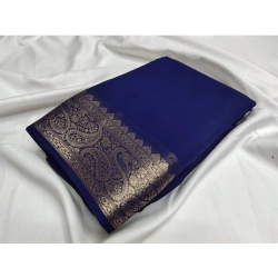 Women's Crepe Chit Pallu Solid Saree With Unstitched Blouse 5.5Mtr (Blue)