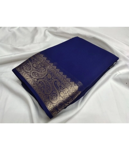 Women's Crepe Chit Pallu Solid Saree With Unstitched Blouse 5.5Mtr (Blue)