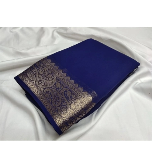 Women's Crepe Chit Pallu Solid Saree With Unstitched Blouse 5.5Mtr (Blue)