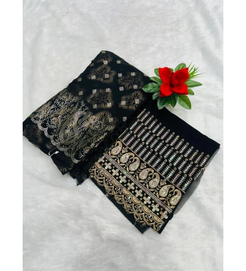 Women's Embroidered Georgette Saree With Unstitched Blouse (Black, 5-6 Mtrs)