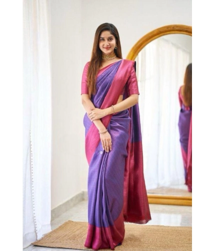 Women's Soft Lichi Silk Printed Saree With Unstitched Blouse 5.5Mtr (Purple)